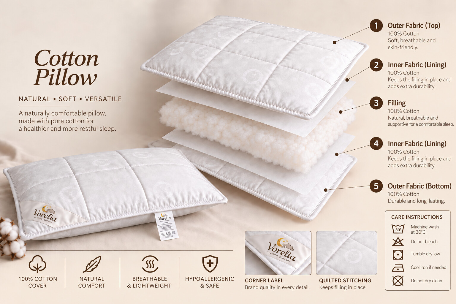 Exploded view of Vorelia cotton pillow construction and materials